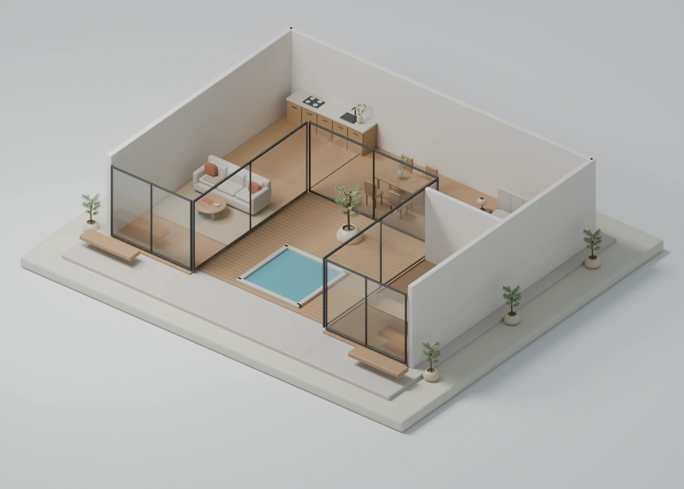 Blender render of The Courtyard House